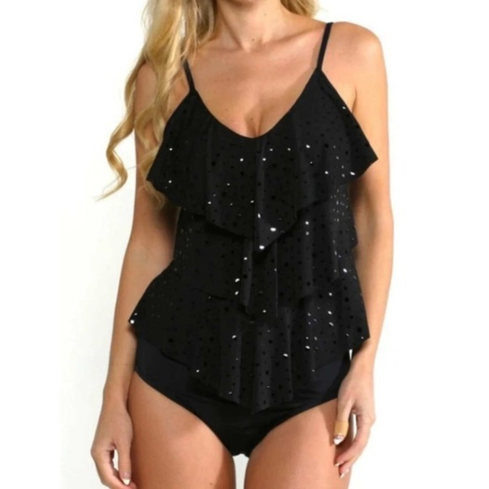 Magicsuit by Miraclesuit Rita Tankini‎ Black Sequin Ruffle Slimming Swim M 8 10